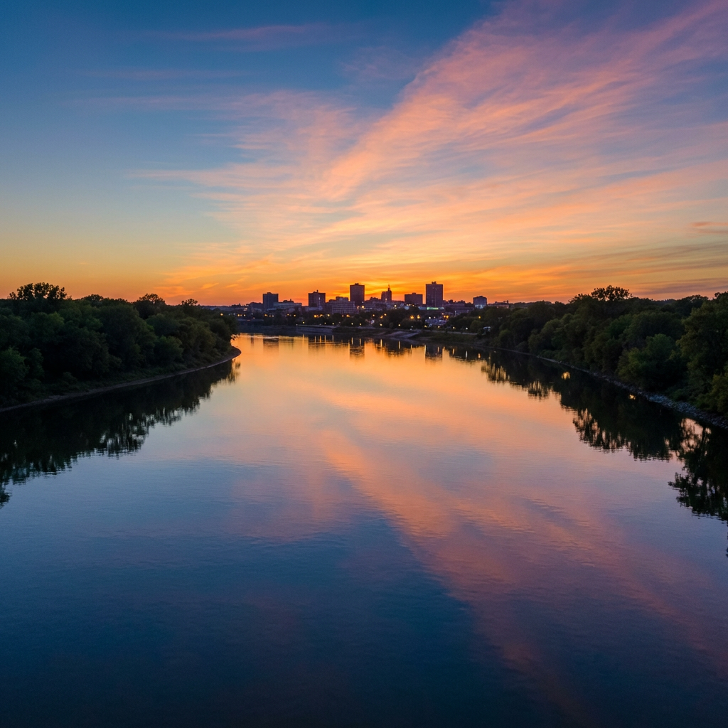 A wide river reflecting a colorful sunset with a city skyline in the distance.